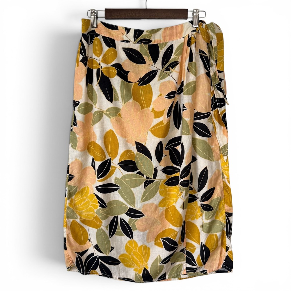Rachel Zoe Midi Skirt M Yellow Pink Floral 100% Linen Faux Wrap Tie Waist Resort